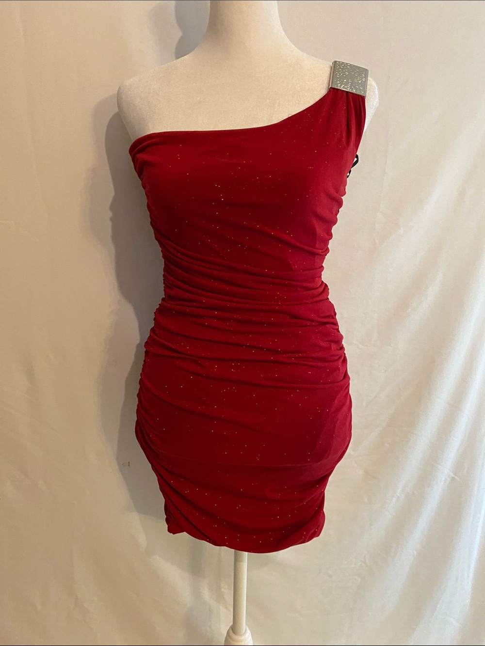 Red Glitter one shoulder cocktail party dress vintage Y2K small bodycon
